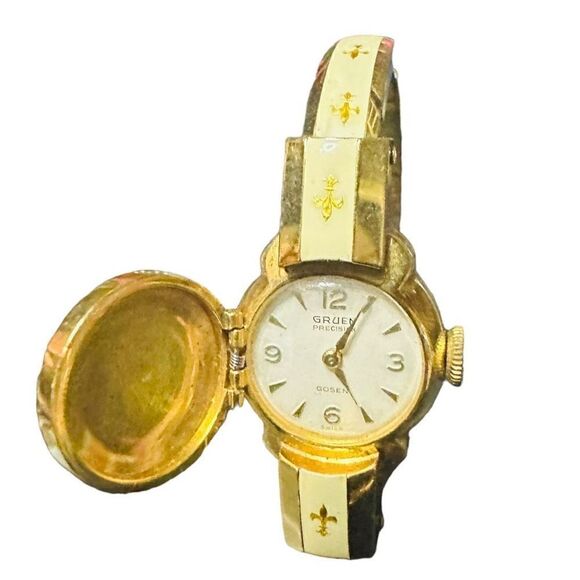 GRUEN Gosen Swiss Vintage Gold Plated Enamel Fleur De Lis Mechanical Manual Wind - Picture 11 of 13